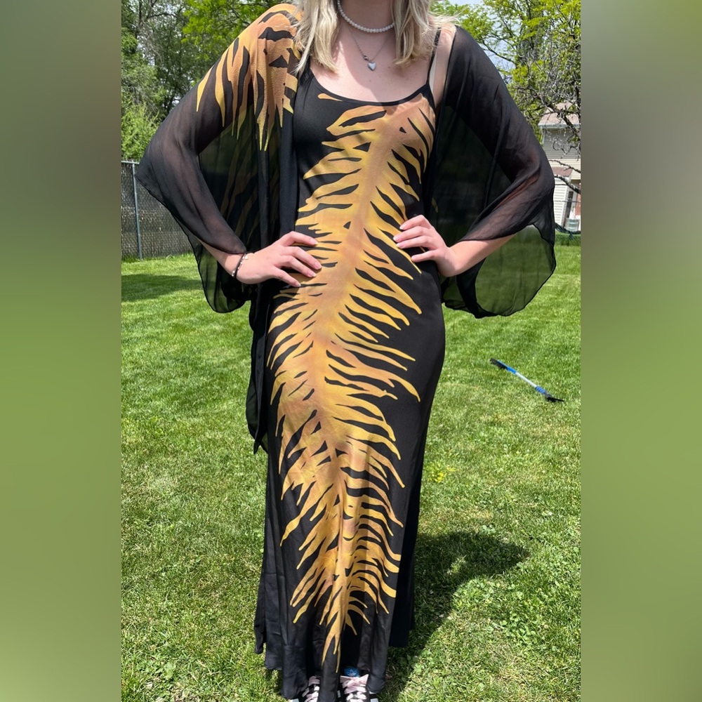 Vintage Y2K 100% silk Tiger maxi dress & shawl black flowy long goth S-M